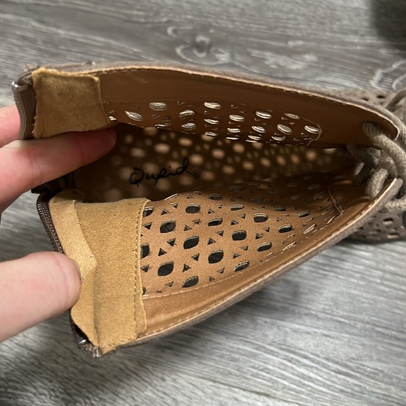 Qupid Faux Suede Lace Up Peep Toe Ankle Bootie Laser Cut 3 inch Block Heel Taupe - Picture 13 of 17